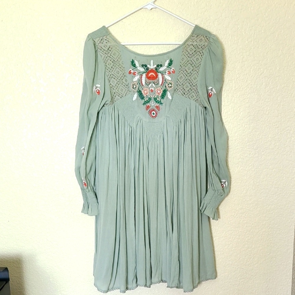 Free People Sage Green Dress With Embroidery And Lace, Size XS